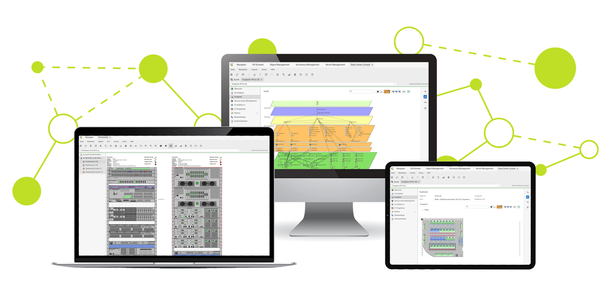 Darstellung des FNT IT-Dokumentation Tools für effizientes IT Infrastructure Management auf verschiedenen Endgeräten.