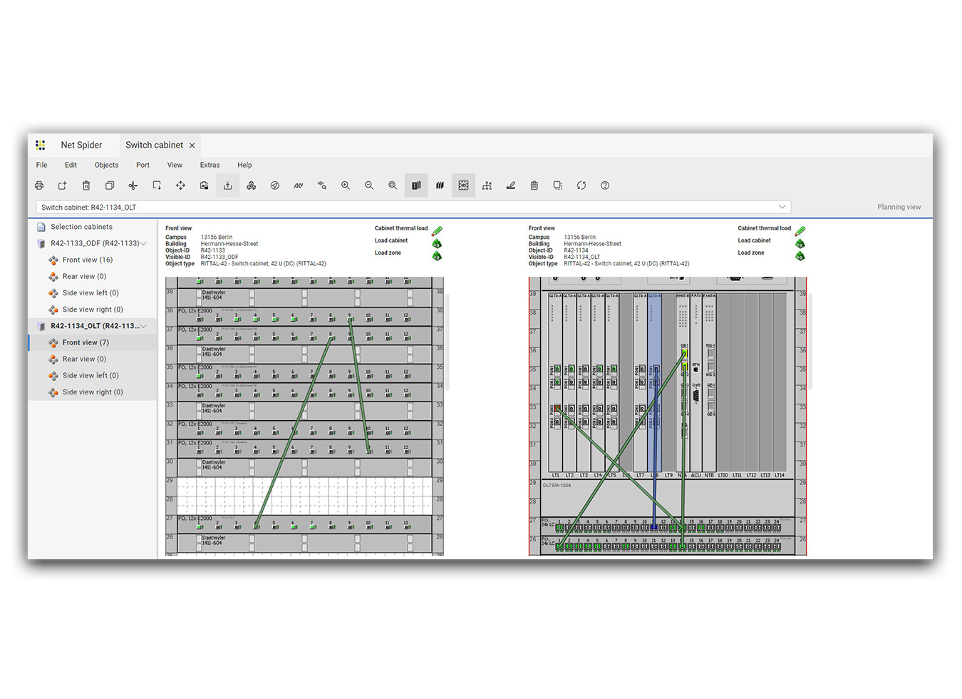 Photorealistic representation of network cabinets including the equipped devices.