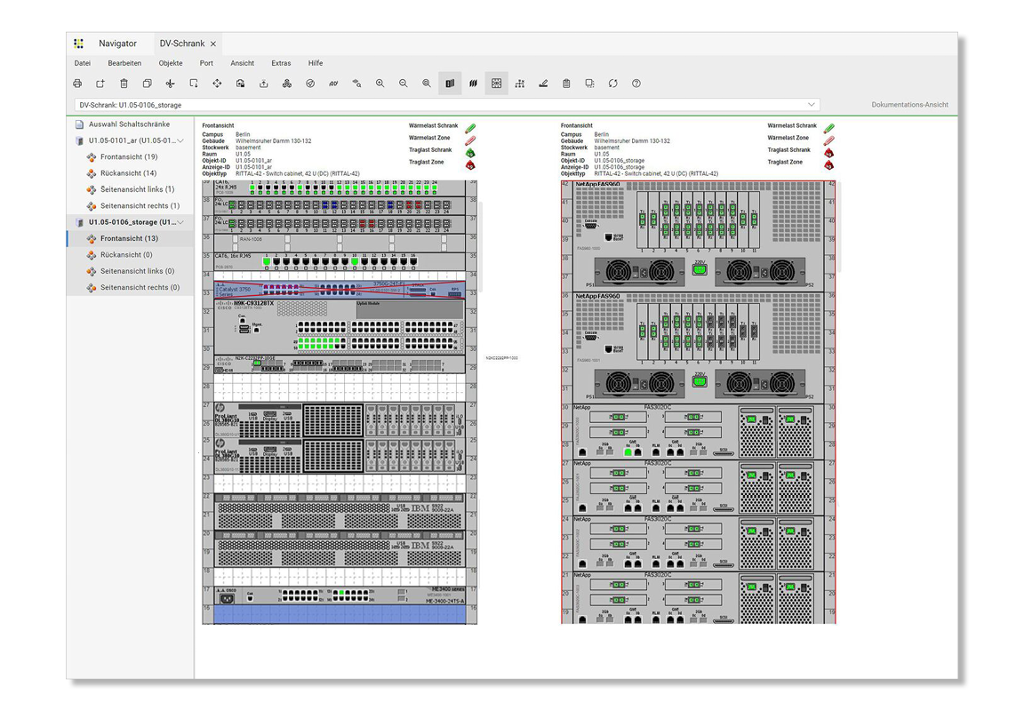 Interaktive Darstellung von Racks inkl. der bestückten Geräte in der IT Infrastructure Management Software von FNT.